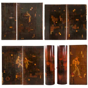11 German Art Deco Walnut and Pine Painted Architectural Wall Panels