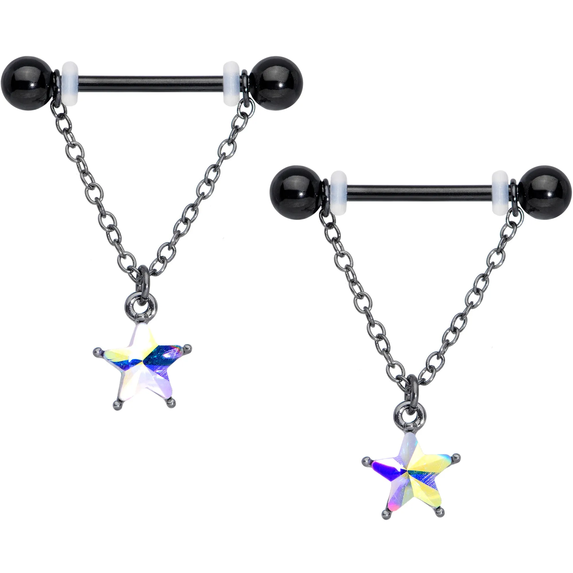 14 Gauge 5/8 Aurora Gem Black Plated Star Chain Dangle Nipple Ring Set