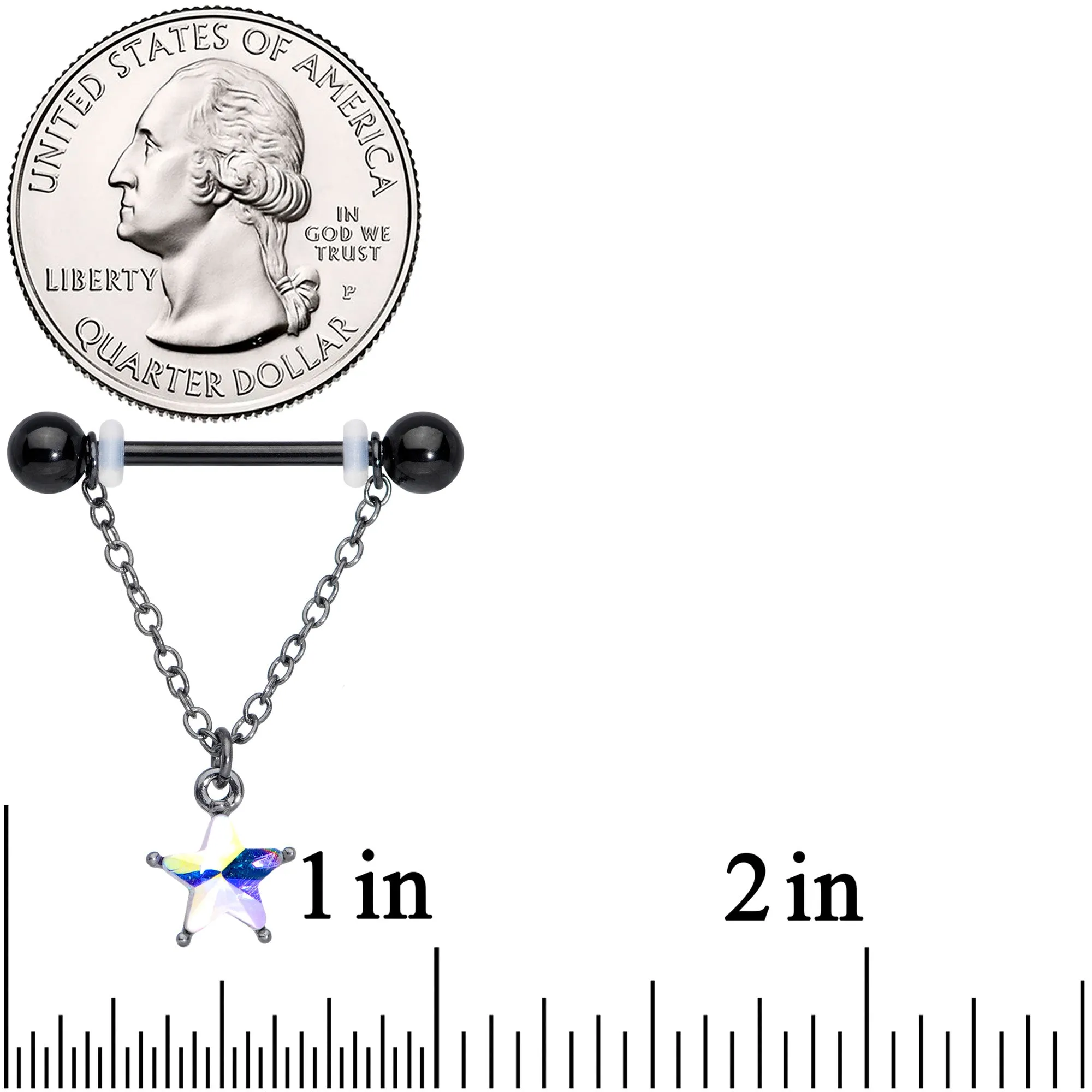 14 Gauge 5/8 Aurora Gem Black Plated Star Chain Dangle Nipple Ring Set