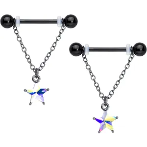 14 Gauge 5/8 Aurora Gem Black Plated Star Chain Dangle Nipple Ring Set