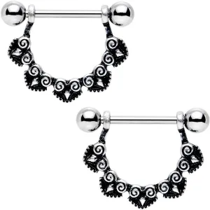 14 Gauge 5/8 Stainless Steel Black Deco Pattern Barbell Nipple Shield Set