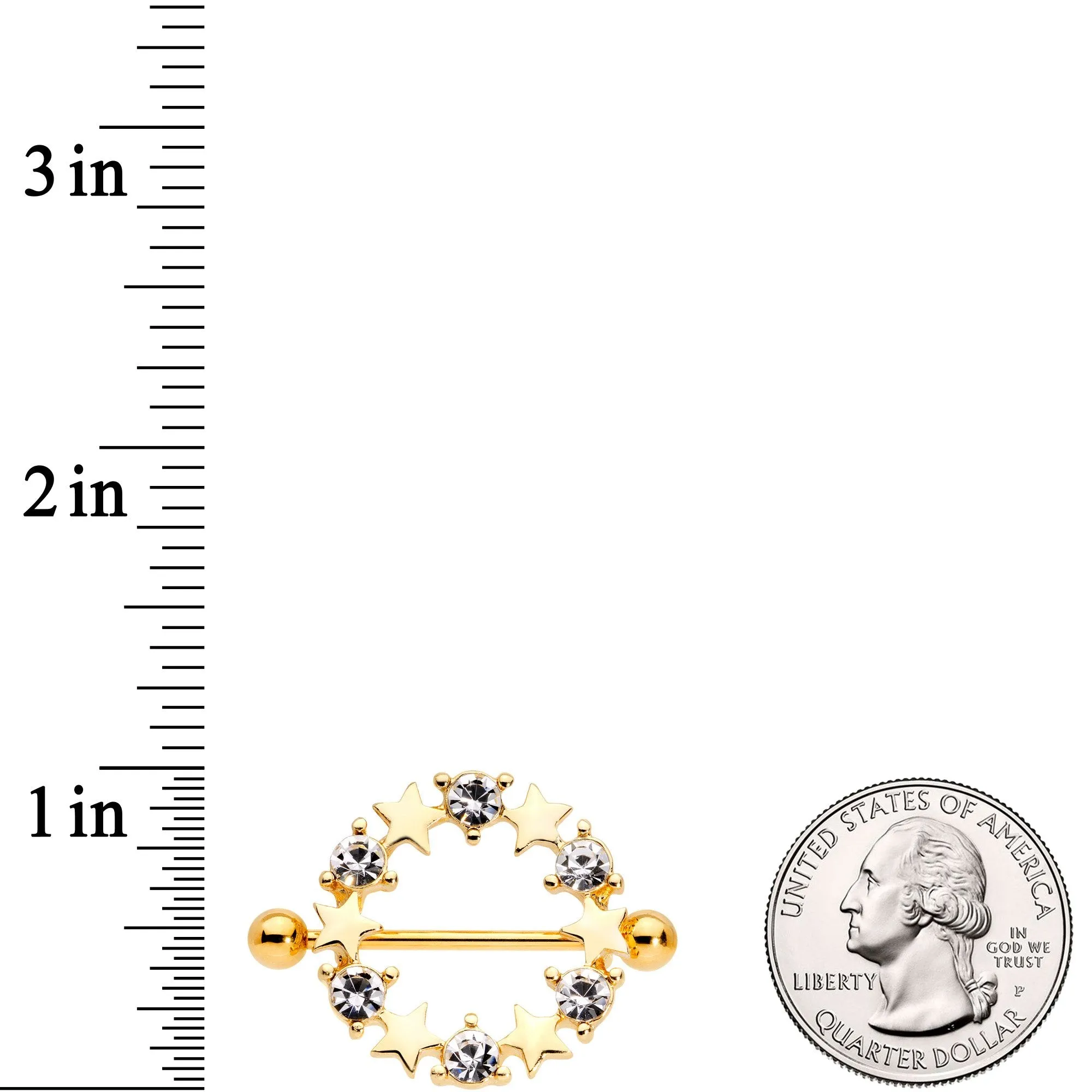 14 Gauge 7/8 Clear Gem Gold Tone Ring of Stars Nipple Shield Set