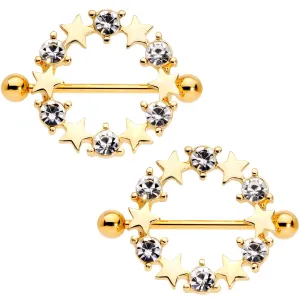 14 Gauge 7/8 Clear Gem Gold Tone Ring of Stars Nipple Shield Set