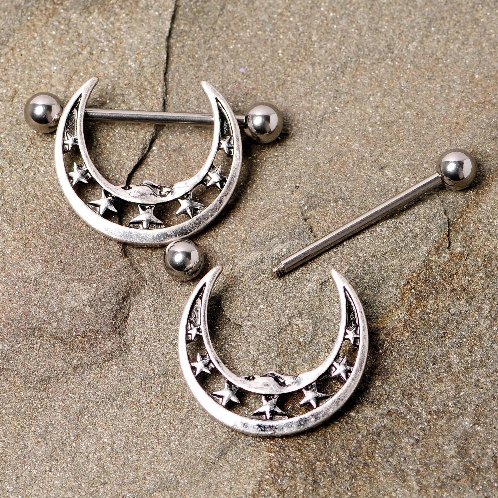 14 Gauge 7/8 Starry Crescent Moon Nipple Shield Set