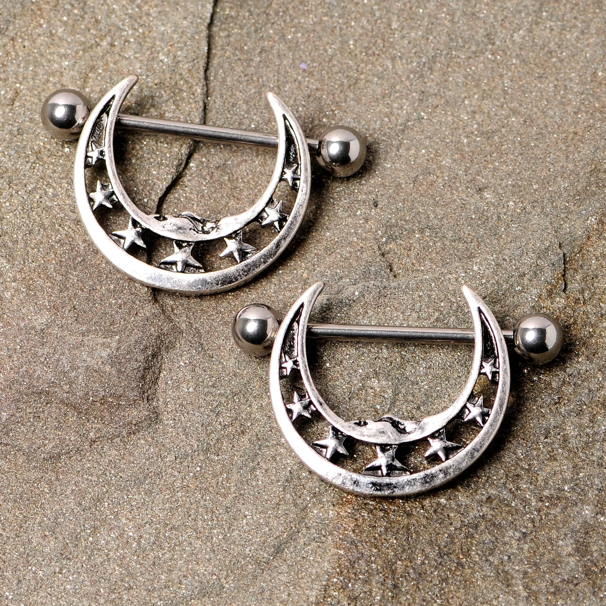 14 Gauge 7/8 Starry Crescent Moon Nipple Shield Set