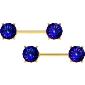 14 Gauge 9/16 Blue Gem Gold Tone Simply Elegant Nipple Ring Set