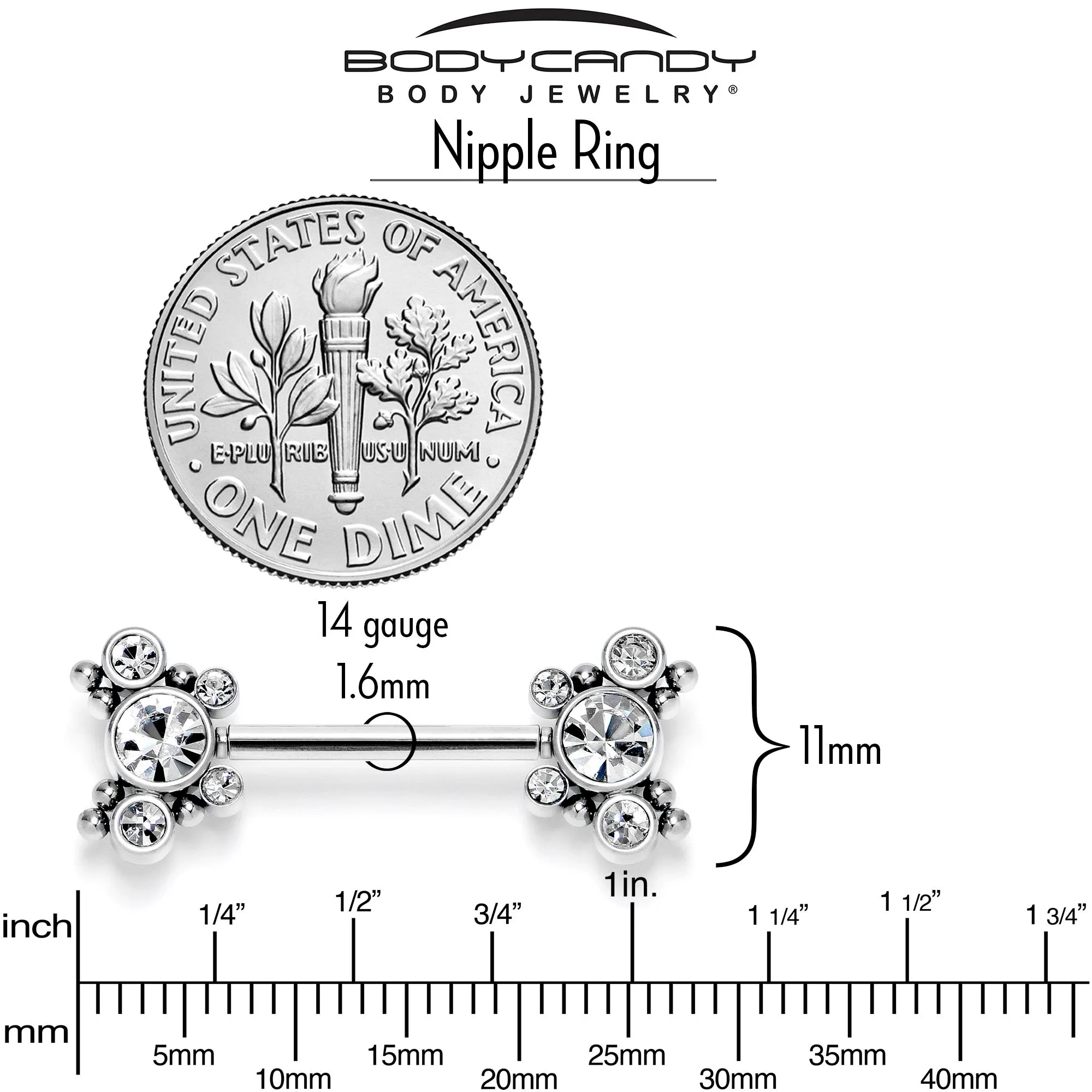 14 Gauge 9/16 Clear CZ Gem Circles Threadless Barbell Nipple Ring Set