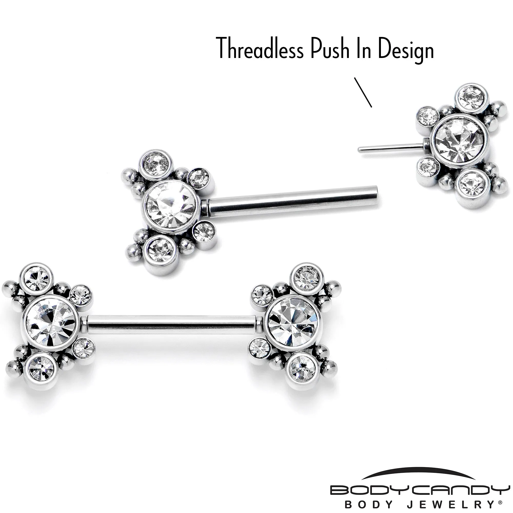 14 Gauge 9/16 Clear CZ Gem Circles Threadless Barbell Nipple Ring Set