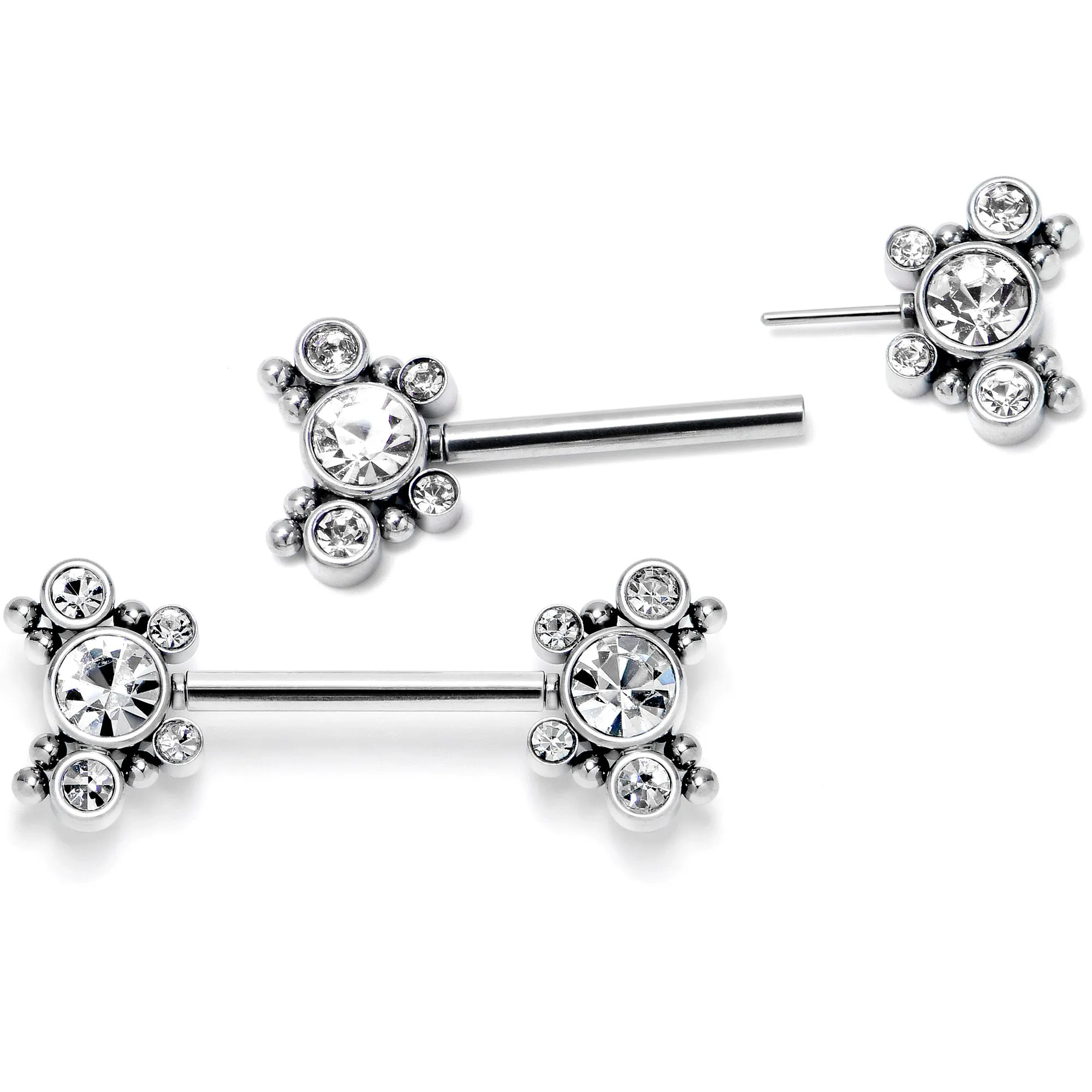 14 Gauge 9/16 Clear CZ Gem Circles Threadless Barbell Nipple Ring Set