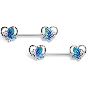 14 Gauge 9/16 Clear Gem Butterfly Love Heart Blue Barbell Nipple Ring Set