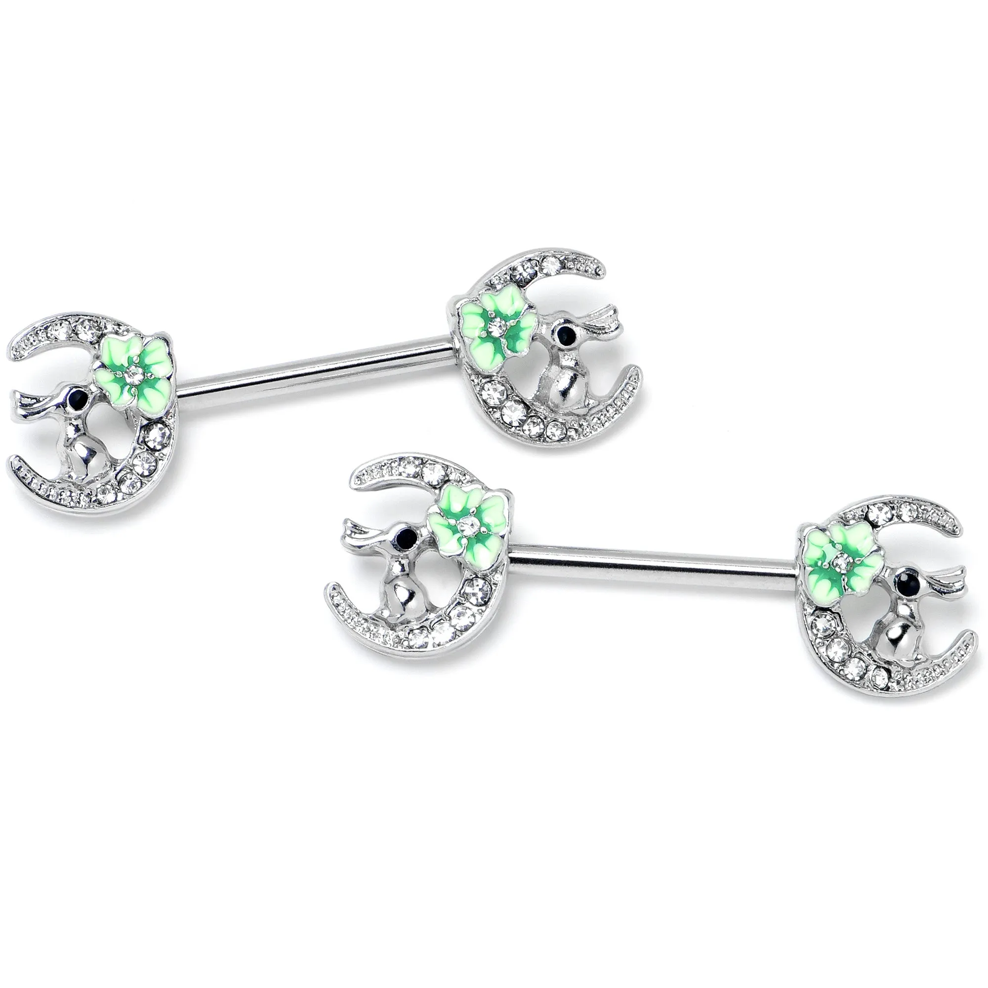 14 Gauge 9/16 Clear Gem Rabbit On Moon Flower Green Nipple Ring Set