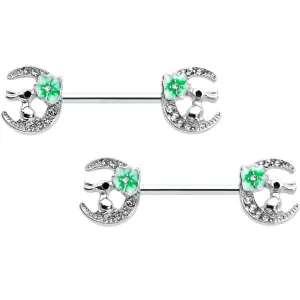 14 Gauge 9/16 Clear Gem Rabbit On Moon Flower Green Nipple Ring Set