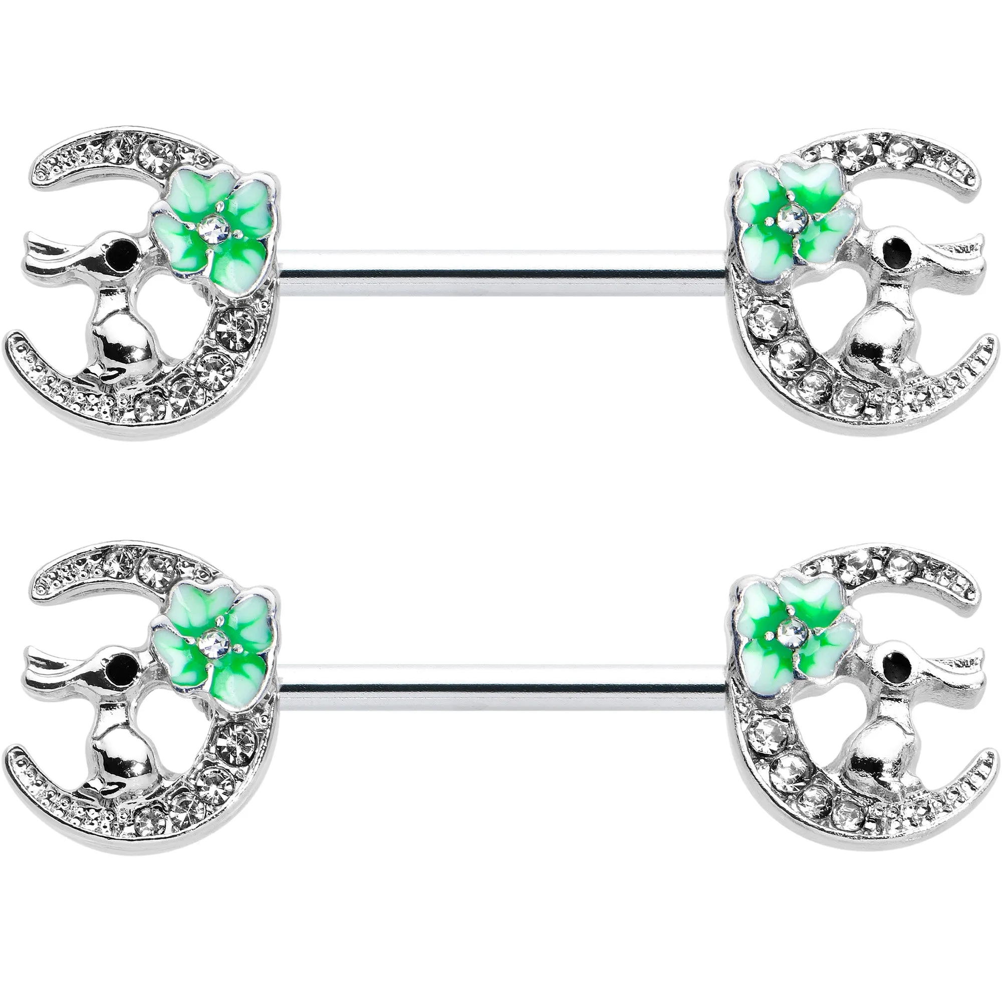 14 Gauge 9/16 Clear Gem Rabbit On Moon Flower Green Nipple Ring Set