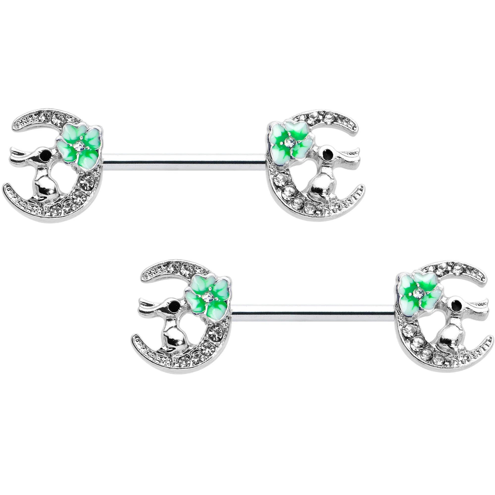 14 Gauge 9/16 Clear Gem Rabbit On Moon Flower Green Nipple Ring Set