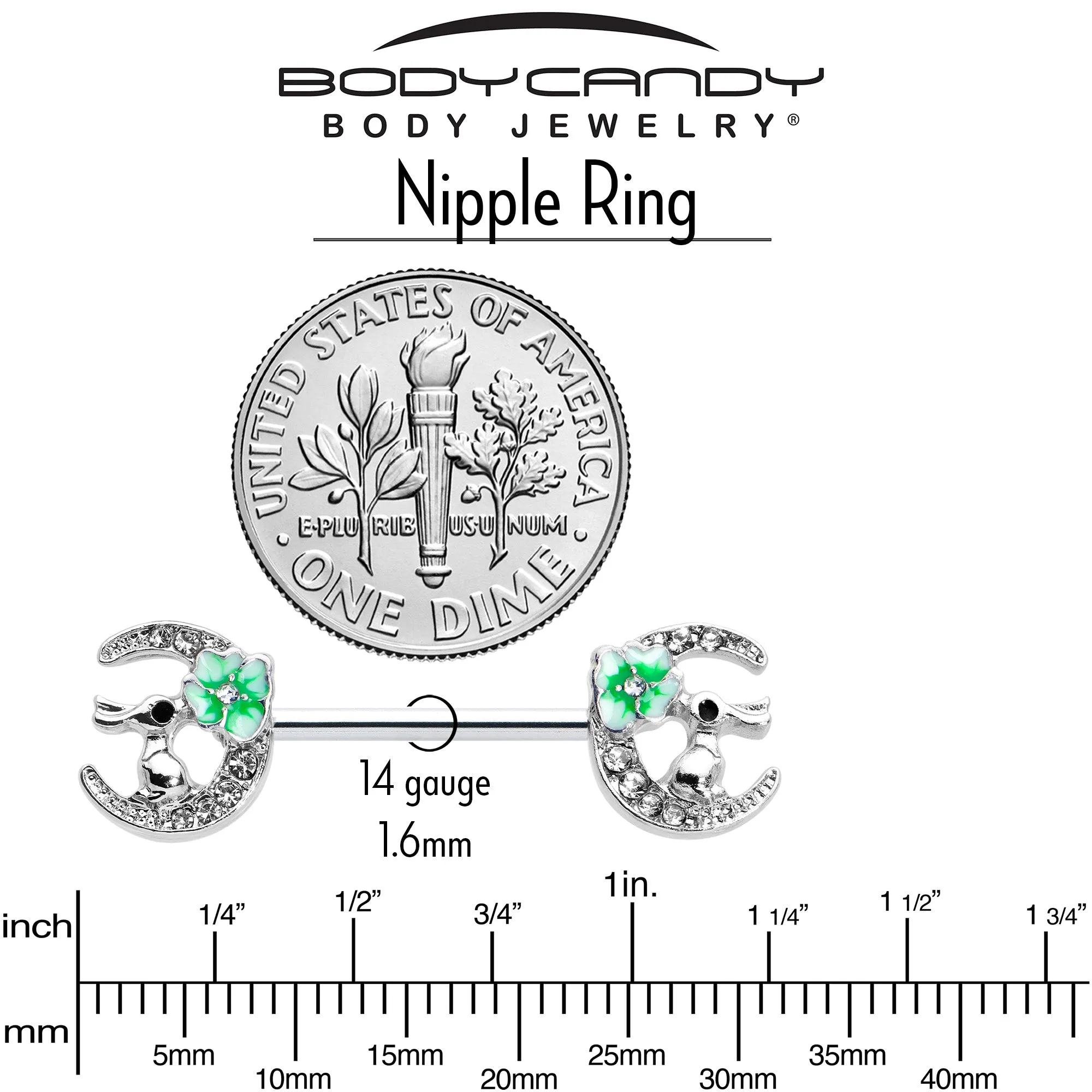 14 Gauge 9/16 Clear Gem Rabbit On Moon Flower Green Nipple Ring Set