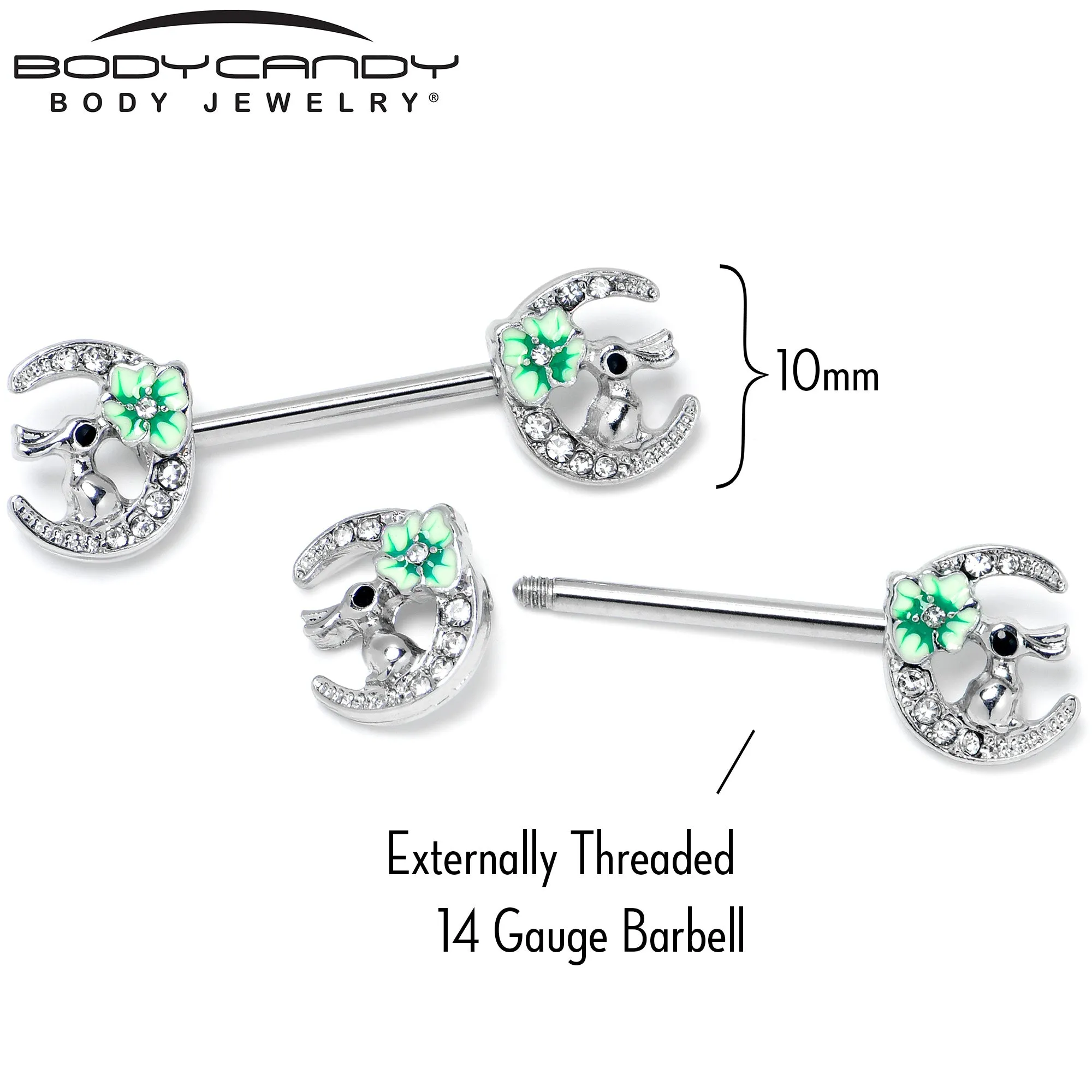 14 Gauge 9/16 Clear Gem Rabbit On Moon Flower Green Nipple Ring Set