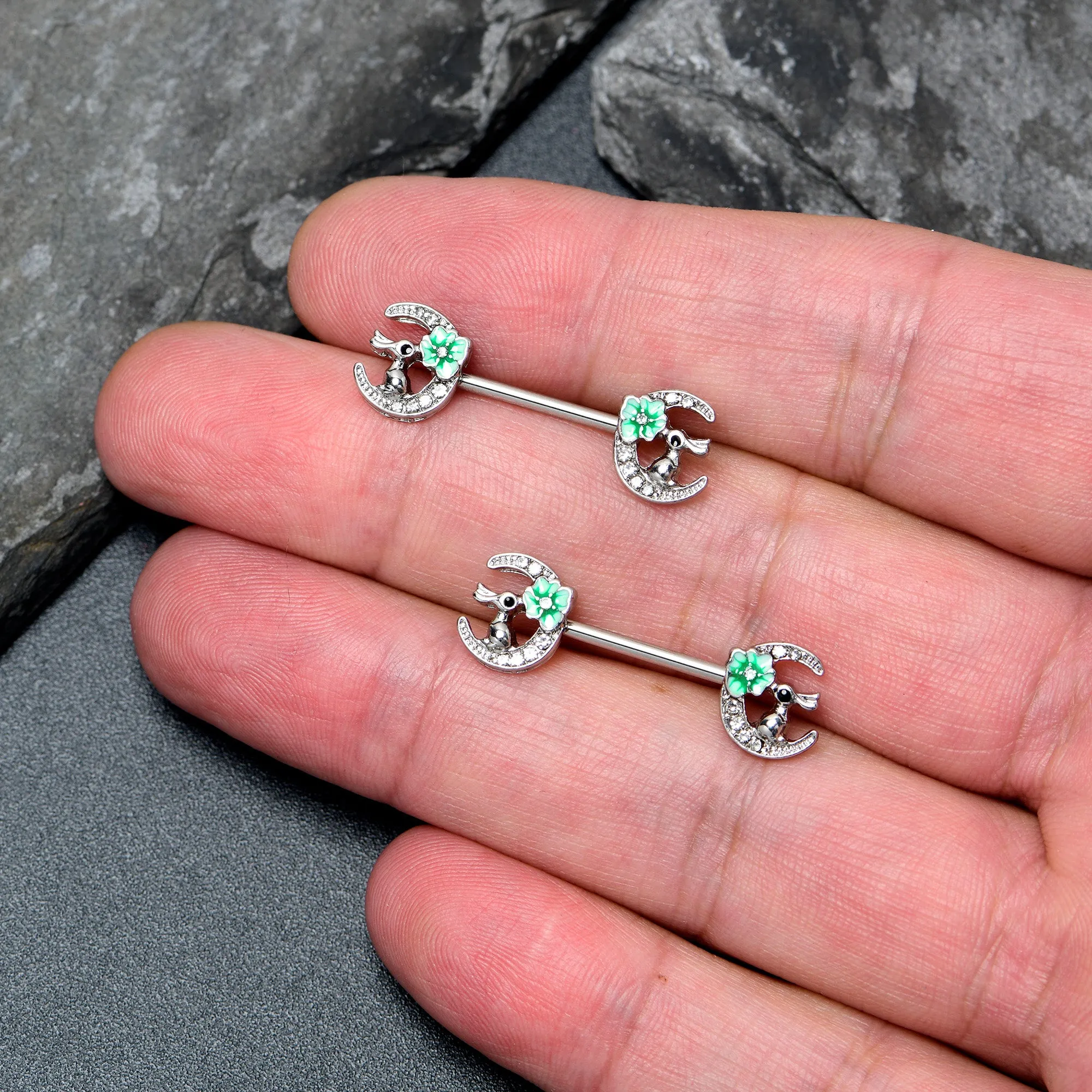 14 Gauge 9/16 Clear Gem Rabbit On Moon Flower Green Nipple Ring Set