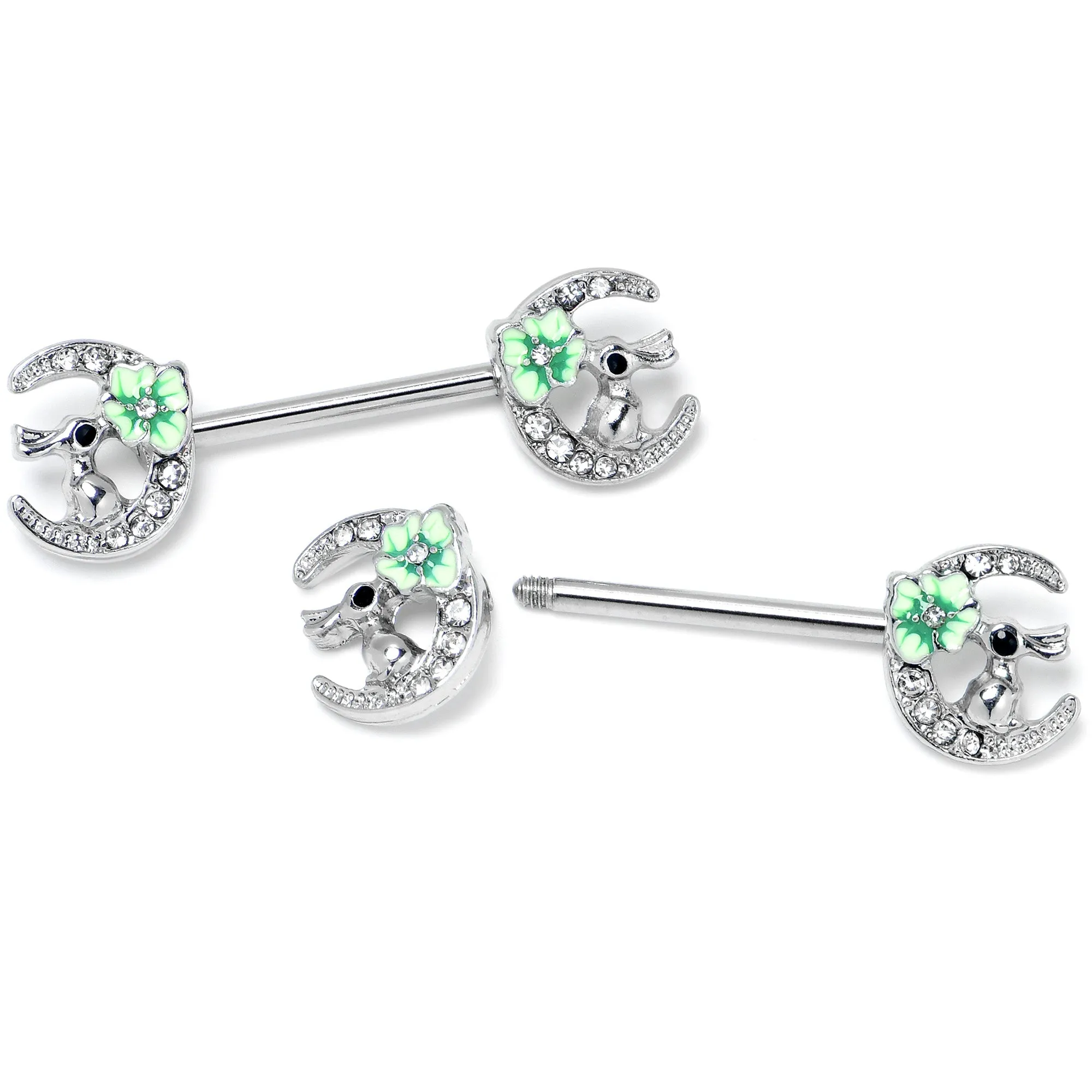 14 Gauge 9/16 Clear Gem Rabbit On Moon Flower Green Nipple Ring Set