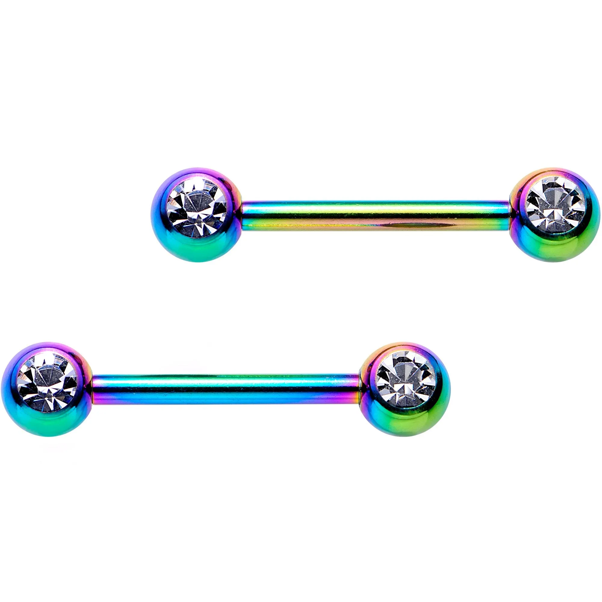 14 Gauge 9/16 Clear Gem Rainbow PVD Barbell Nipple Ring Set