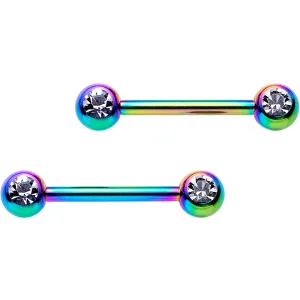 14 Gauge 9/16 Clear Gem Rainbow PVD Barbell Nipple Ring Set