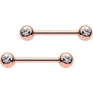 14 Gauge 9/16 Clear Gem Rose Gold PVD Barbell Nipple Ring Set