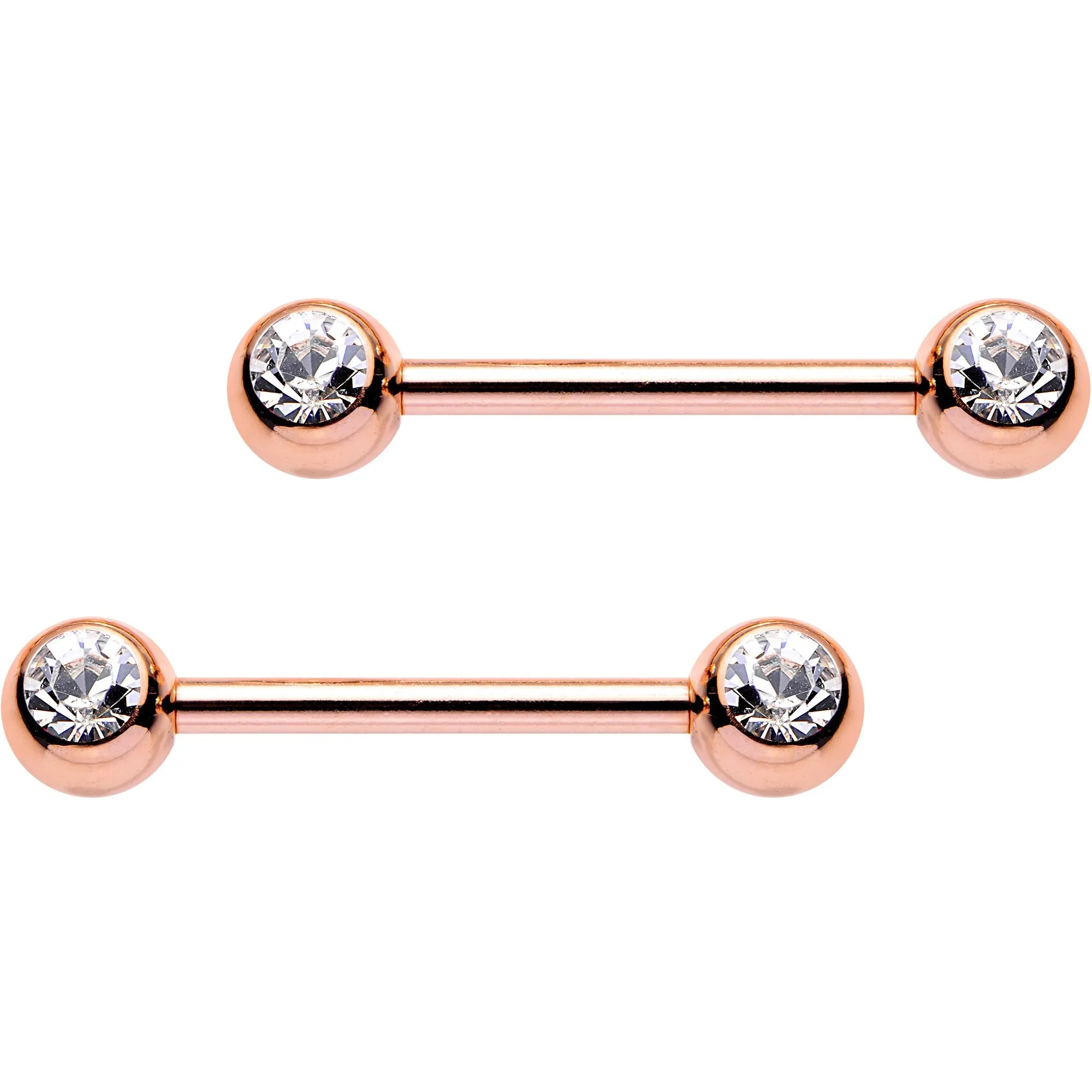 14 Gauge 9/16 Clear Gem Rose Gold PVD Barbell Nipple Ring Set