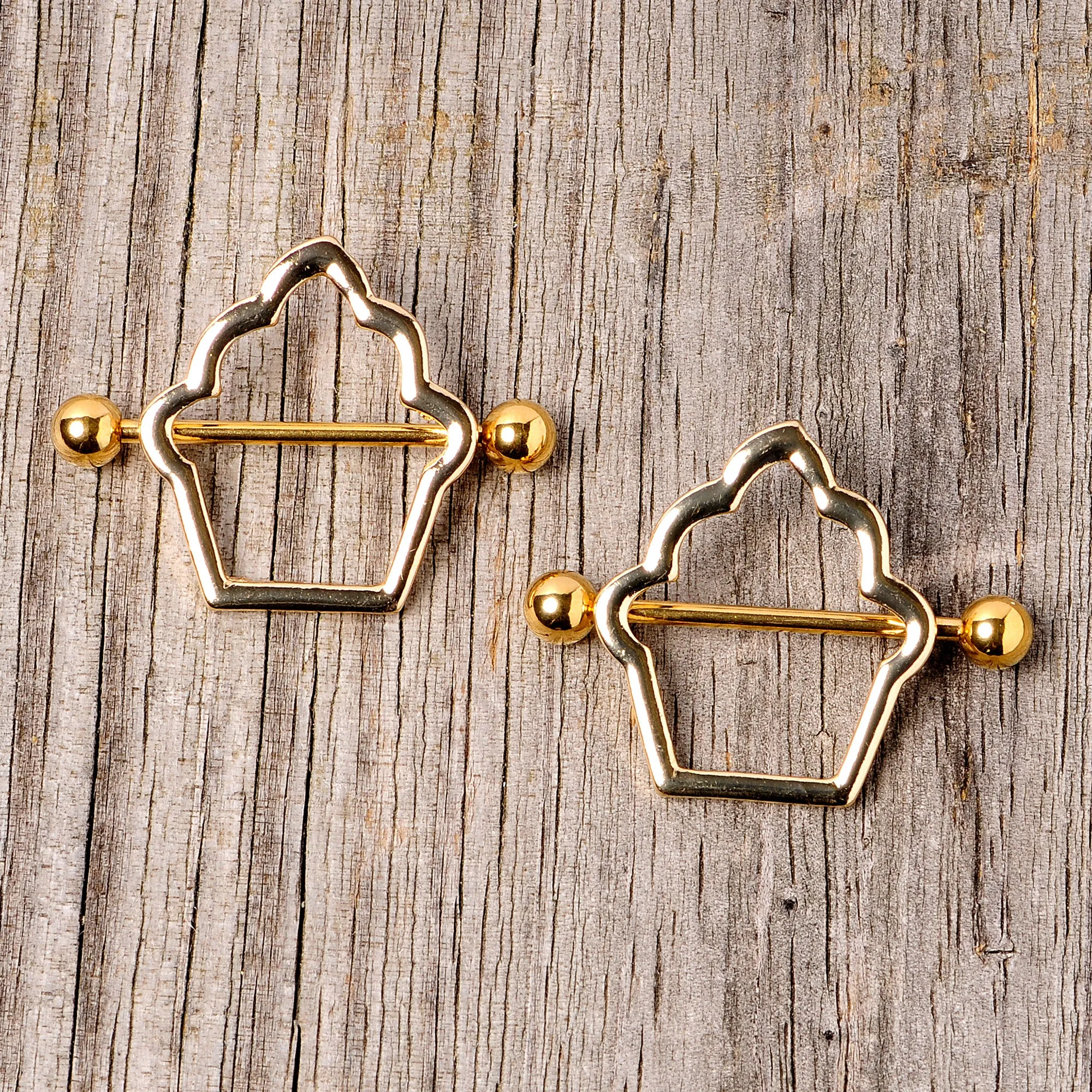 14 Gauge 9/16 Gold Tone Hollow Cupcake Nipple Shield Set