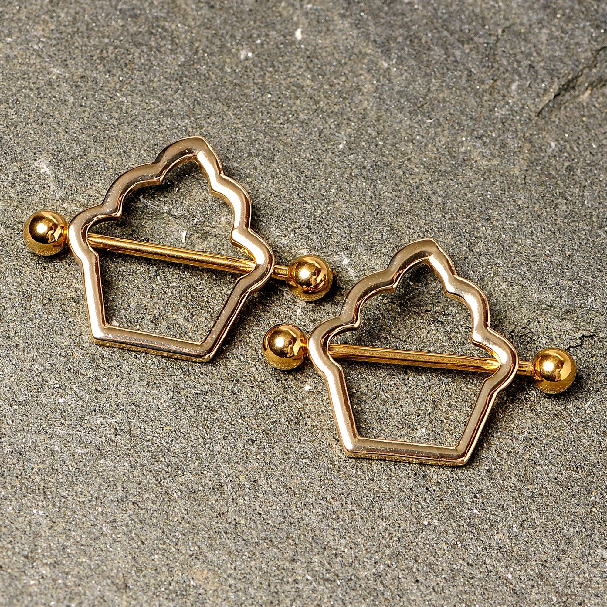 14 Gauge 9/16 Gold Tone Hollow Cupcake Nipple Shield Set
