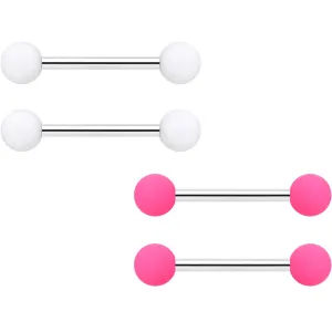 14 Gauge 9/16 Hot Pink White Matte Barbell Nipple Ring Set of 4