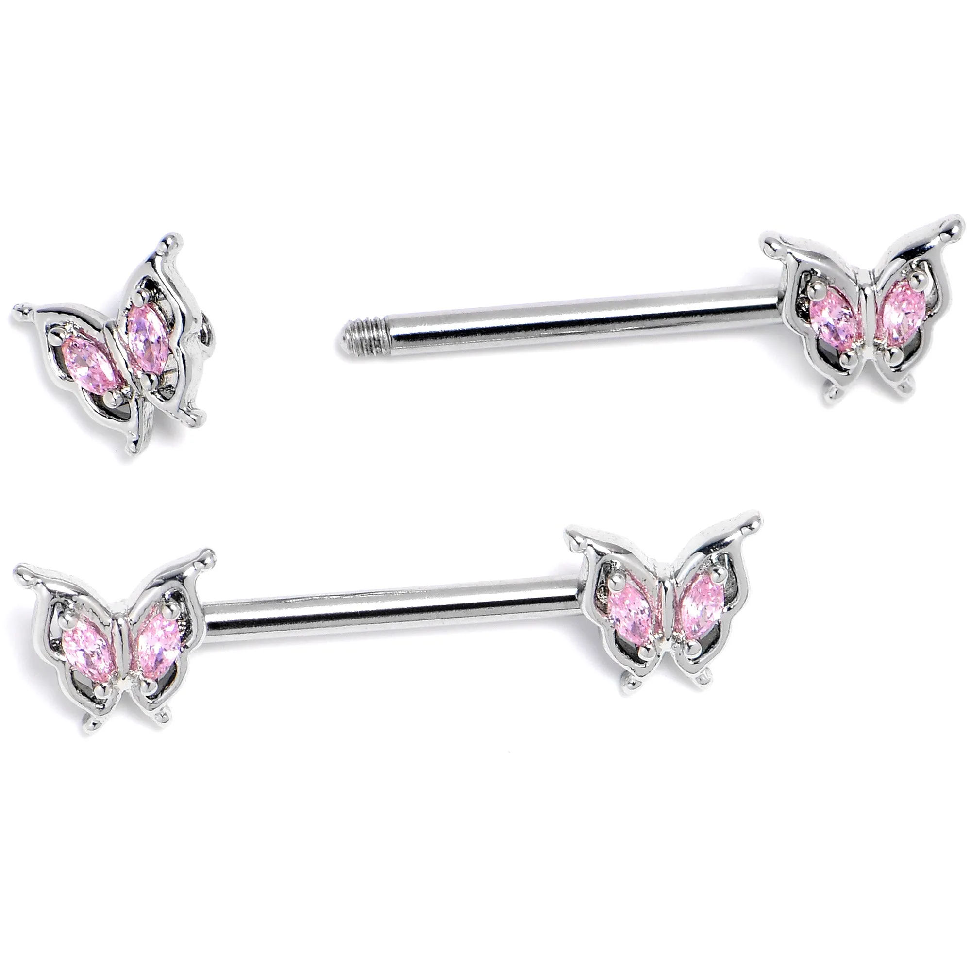 14 Gauge 9/16 Pink Gem Fancy Fab Butterfly Barbell Nipple Ring Set