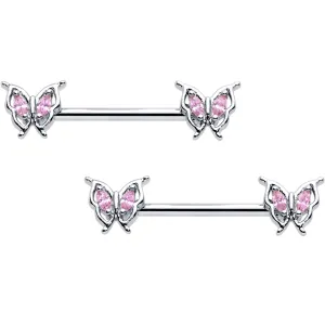 14 Gauge 9/16 Pink Gem Fancy Fab Butterfly Barbell Nipple Ring Set