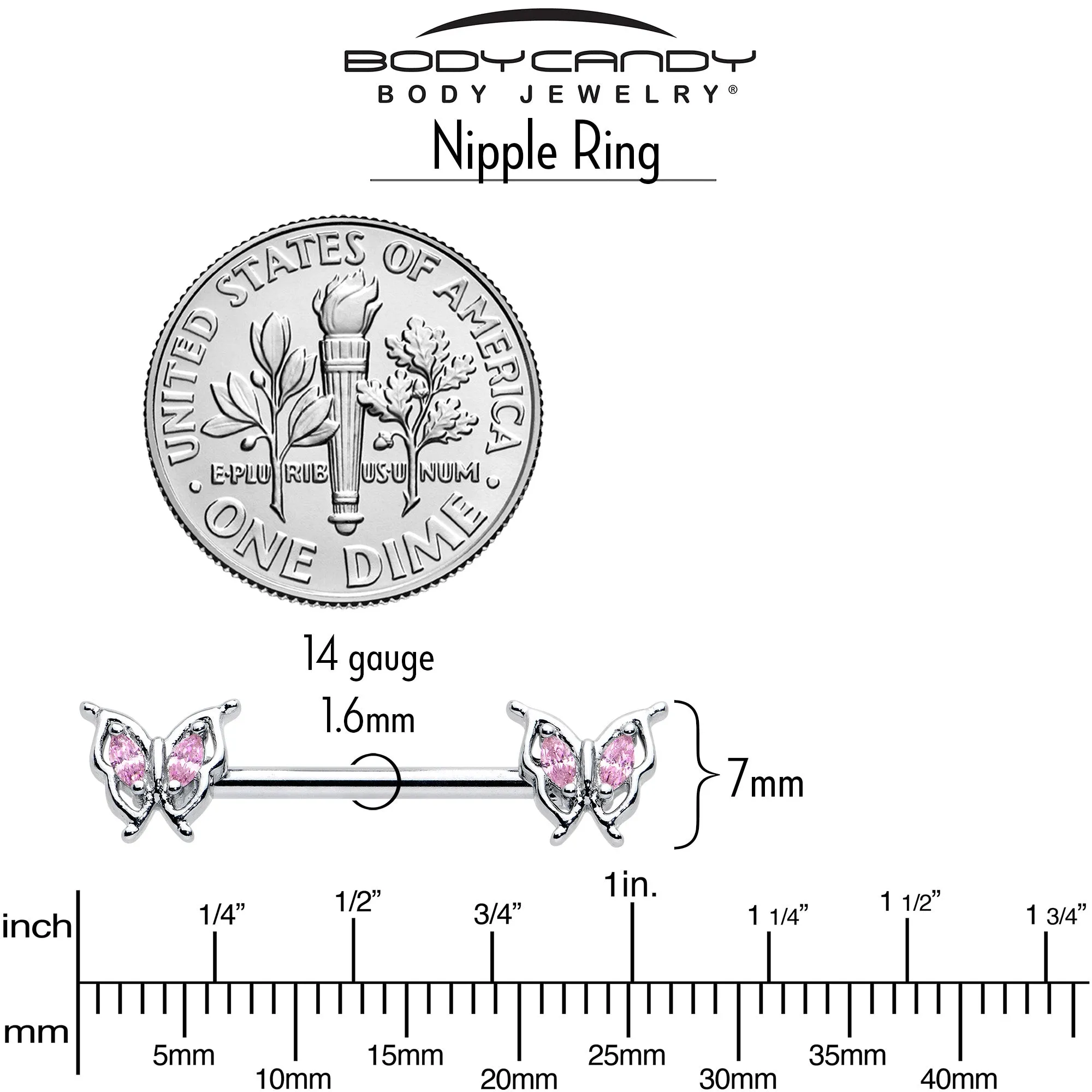 14 Gauge 9/16 Pink Gem Fancy Fab Butterfly Barbell Nipple Ring Set