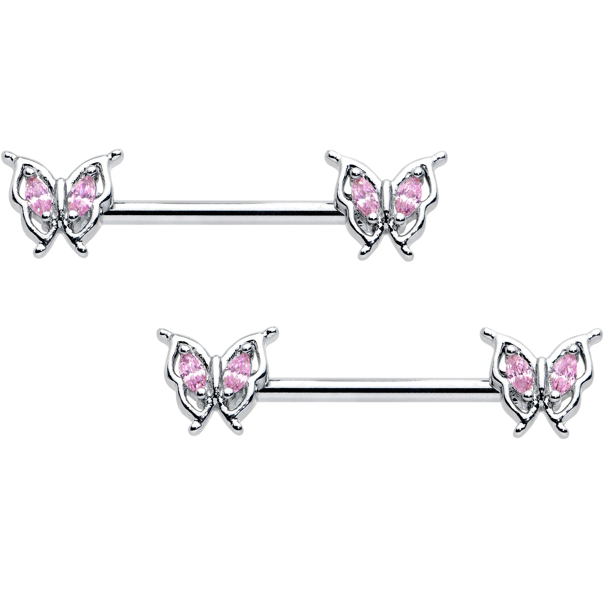 14 Gauge 9/16 Pink Gem Fancy Fab Butterfly Barbell Nipple Ring Set