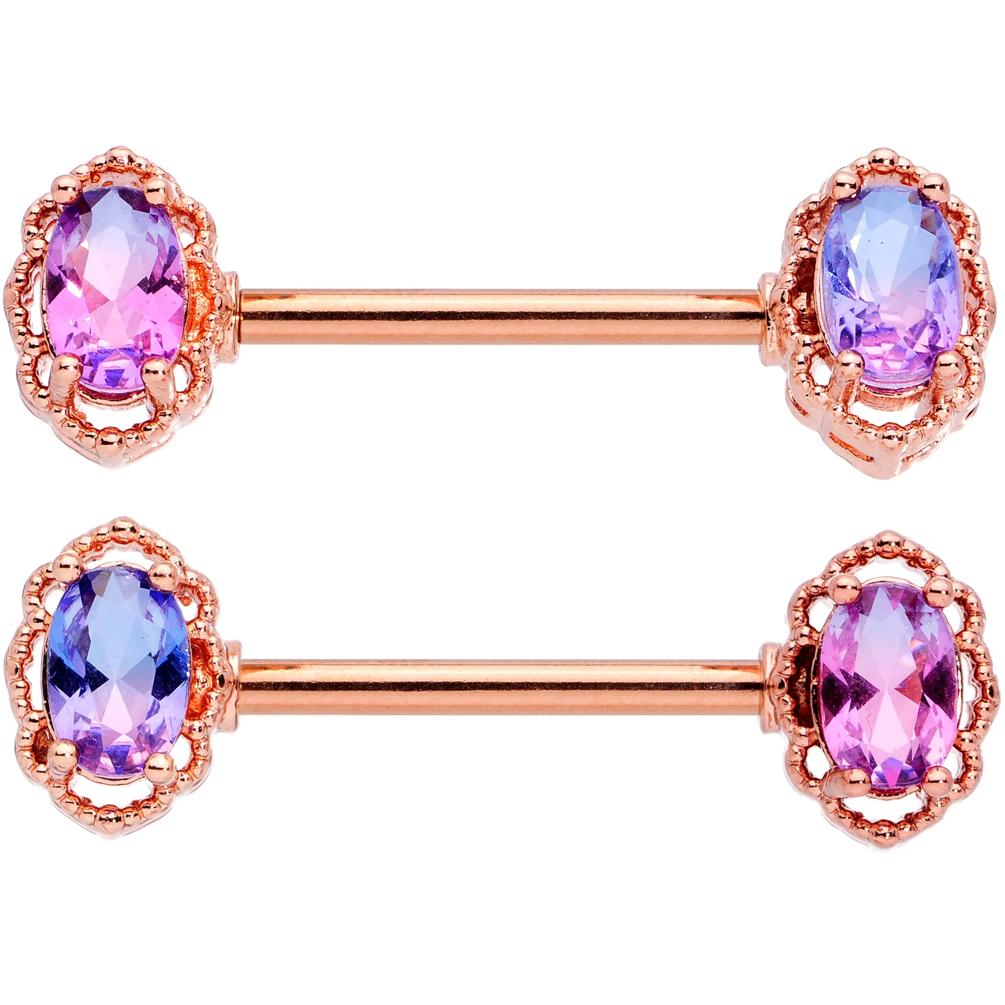 14 Gauge 9/16 Purple Tourmaline Rose Gold Tone Nipple Ring Set
