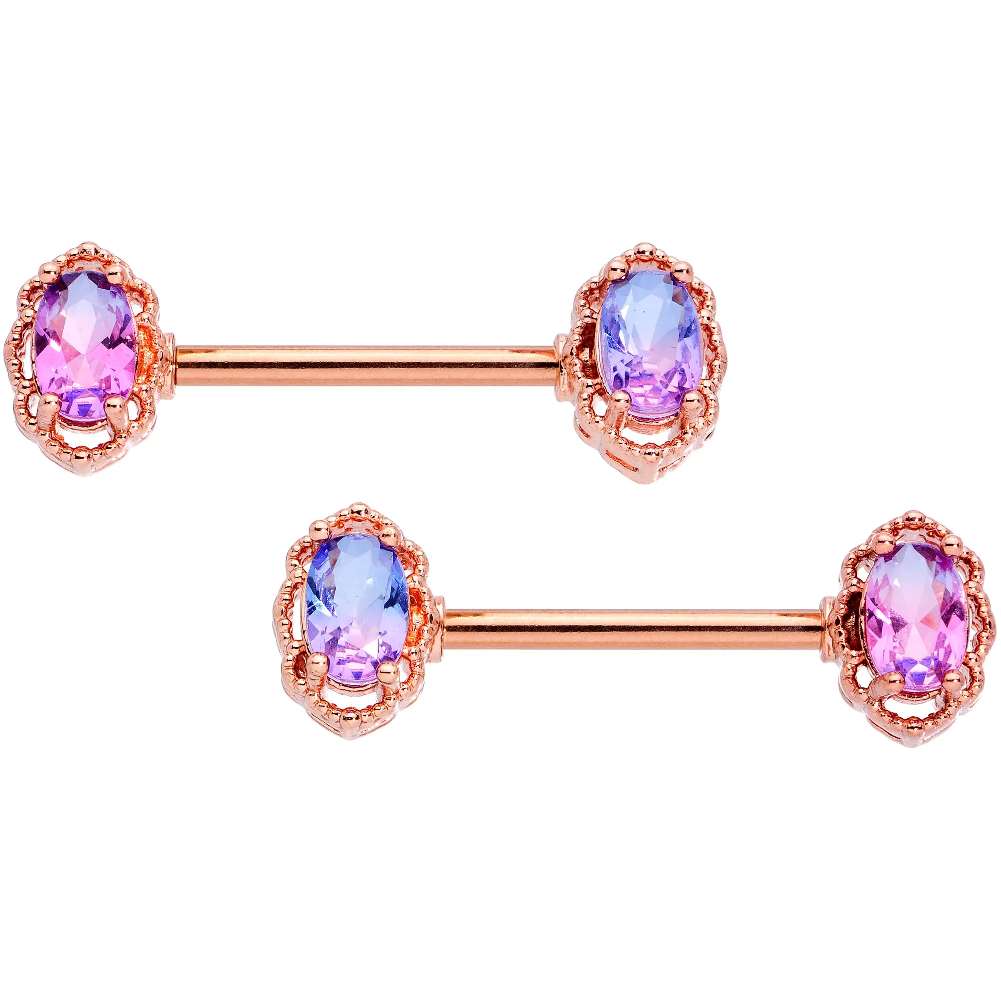 14 Gauge 9/16 Purple Tourmaline Rose Gold Tone Nipple Ring Set