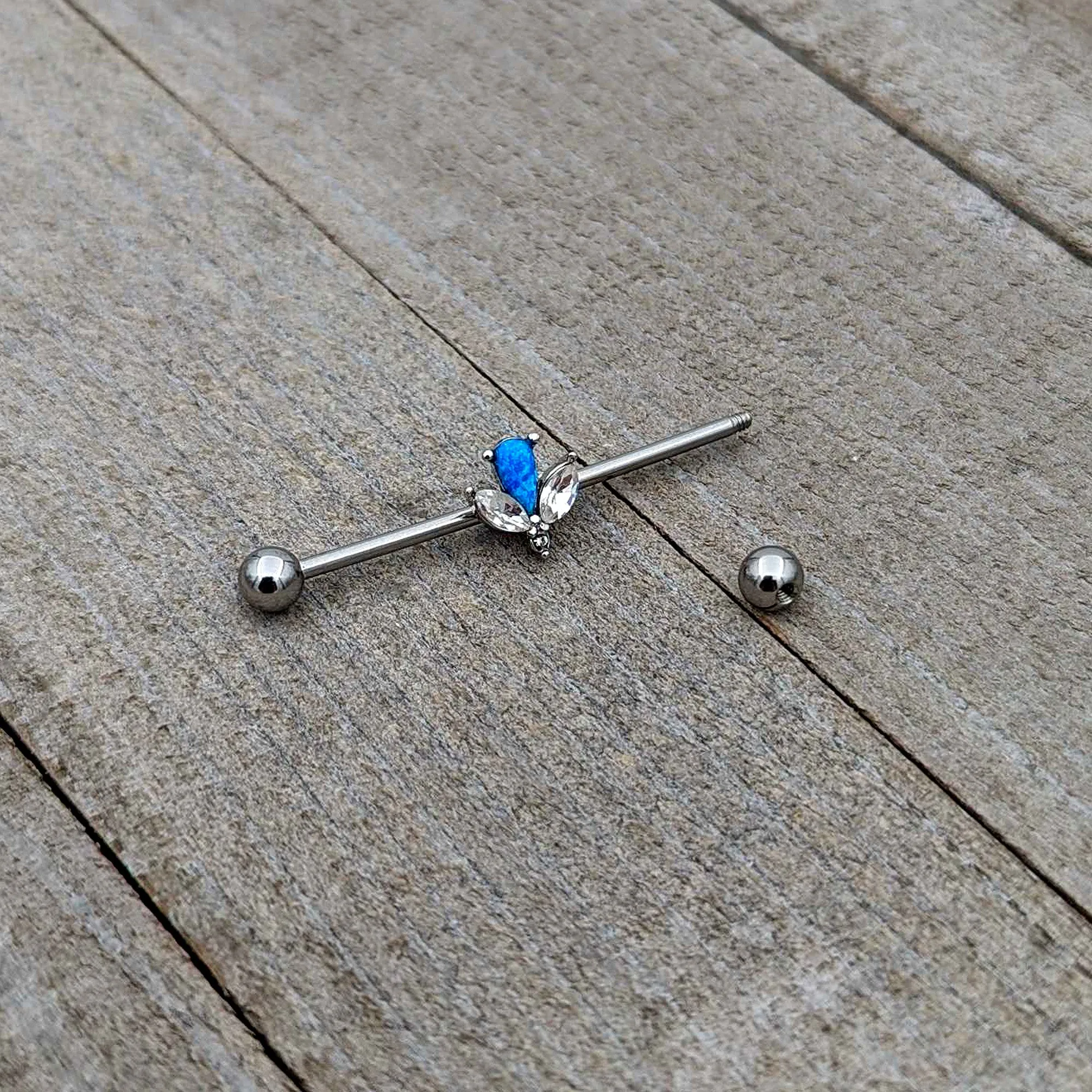 14 Gauge Blue Faux Opal Style Flower Industrial Barbell 38mm