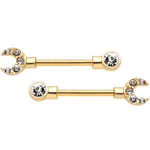 14 Gauge Clear CZ Gem Gold Tone Crescent Wrench Barbell Nipple Ring Set