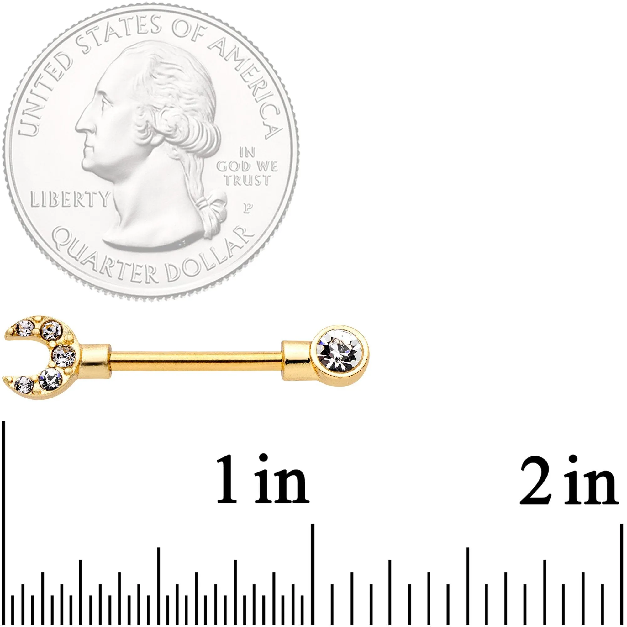 14 Gauge Clear CZ Gem Gold Tone Crescent Wrench Barbell Nipple Ring Set