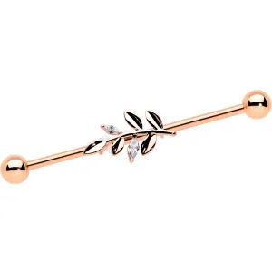 14 Gauge Clear CZ Gem Rose Gold Hue Simple Leaf Industrial Barbell 38mm