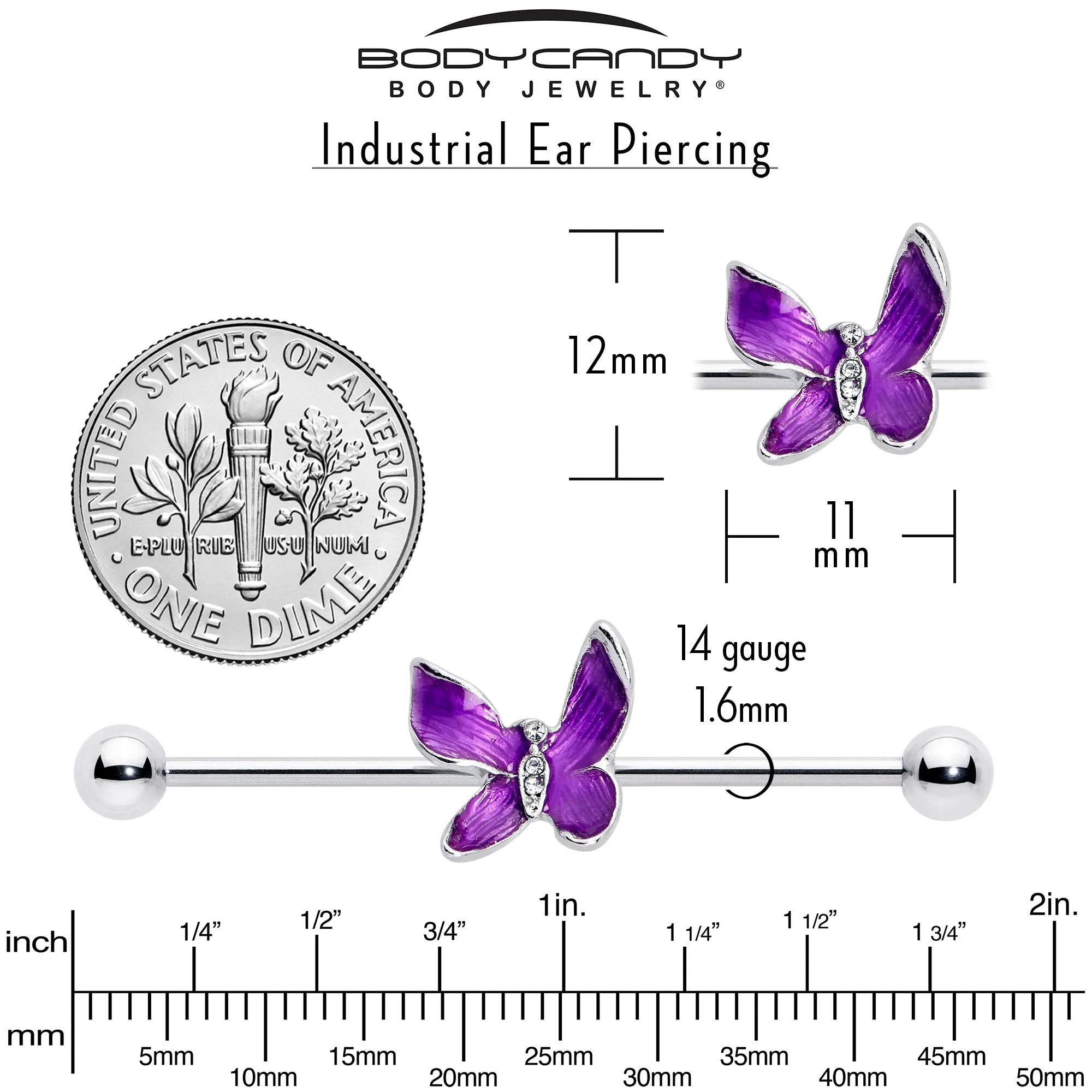 14 Gauge Clear Gem Chunky Butterfly Purple Industrial Barbell 38mm