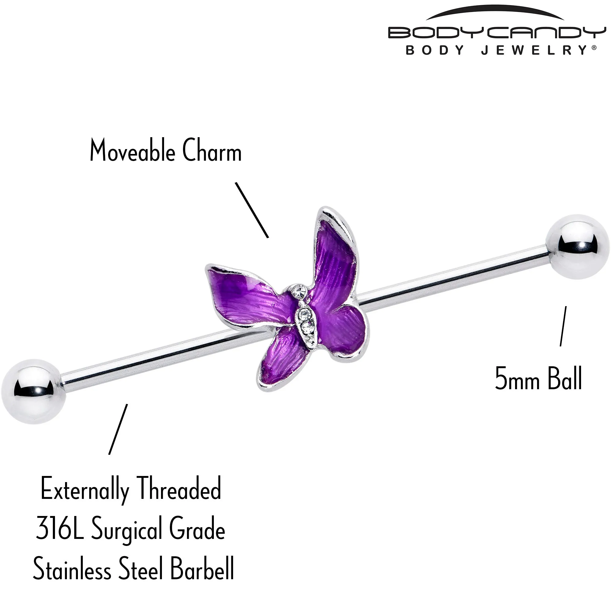14 Gauge Clear Gem Chunky Butterfly Purple Industrial Barbell 38mm