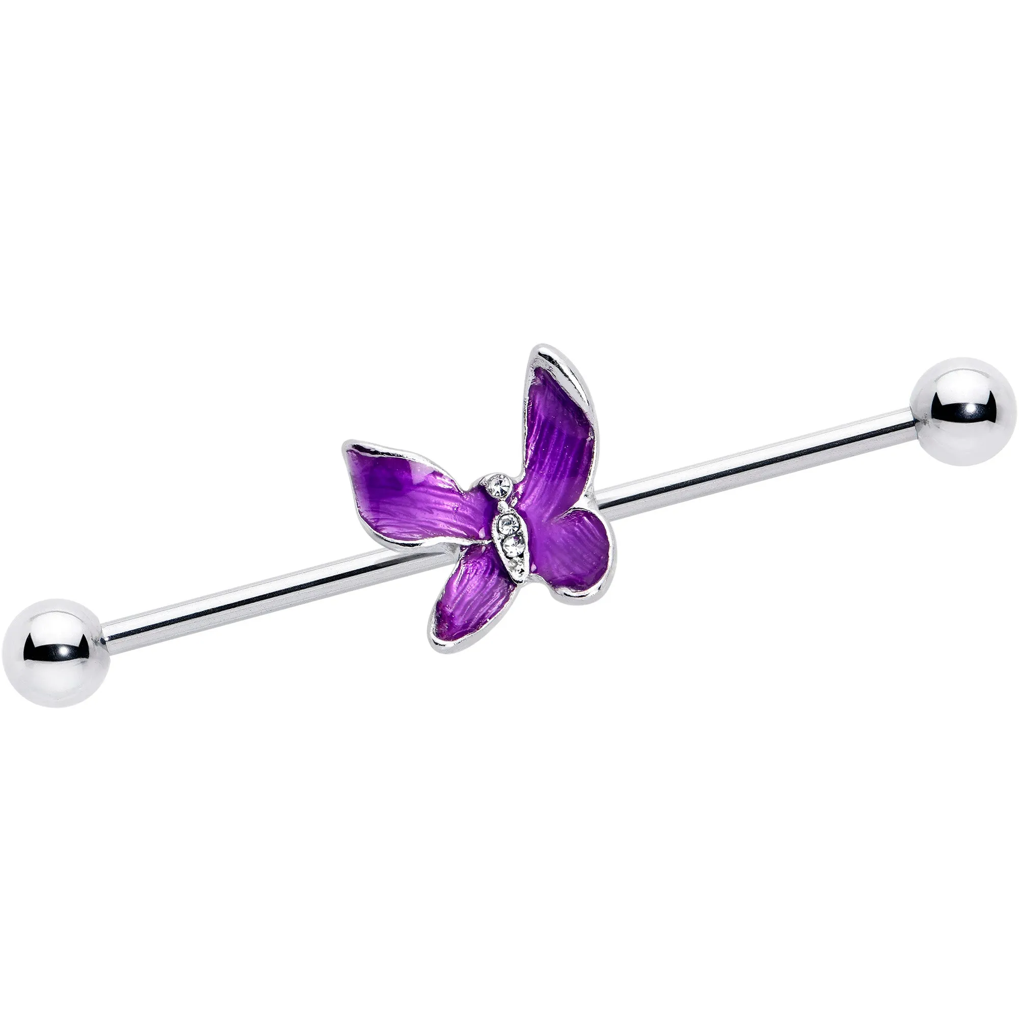 14 Gauge Clear Gem Chunky Butterfly Purple Industrial Barbell 38mm