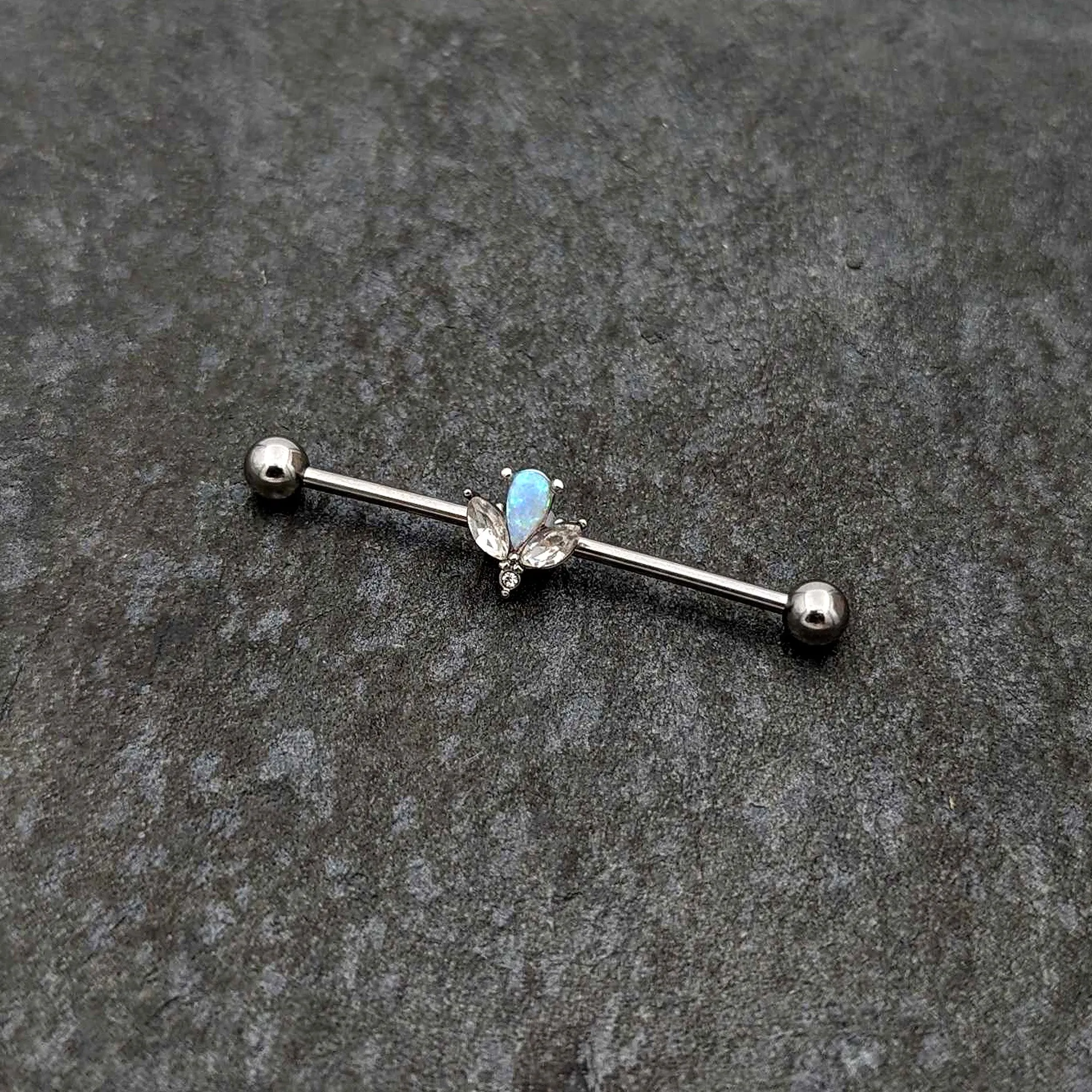 14 Gauge White Faux Opal Style Flower Industrial Barbell 38mm