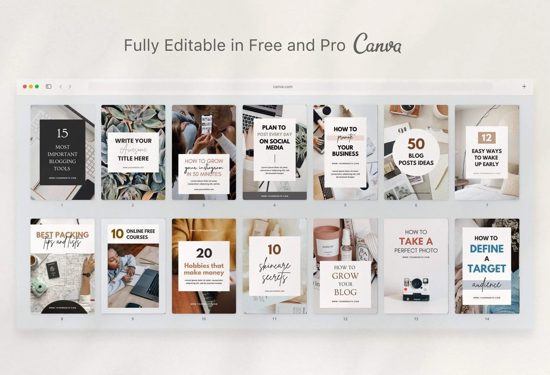 14 Modern Pinterest Templates for Bloggers and Coaches in All Industries Editable Canva Template Pack 02