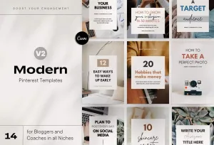 14 Modern Pinterest Templates for Bloggers and Coaches in All Industries Editable Canva Template Pack 02