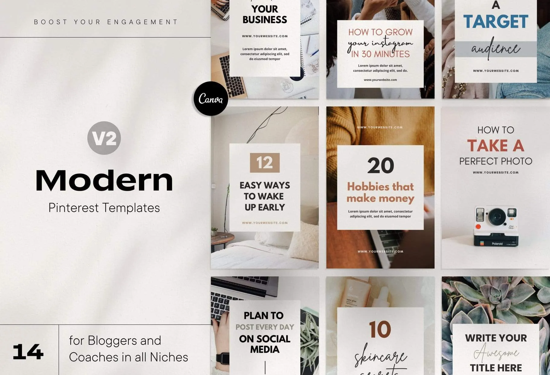14 Modern Pinterest Templates for Bloggers and Coaches in All Industries Editable Canva Template Pack 02