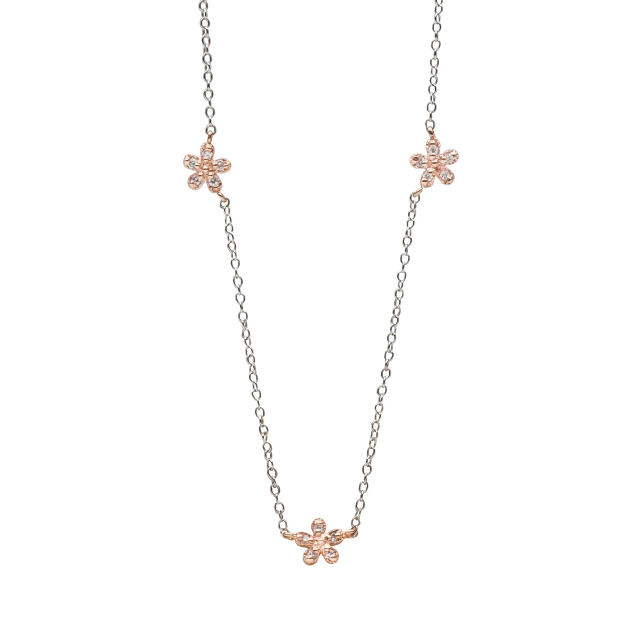 14K Gold Pavé Diamond Triple Daisy Necklace