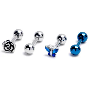 16 Gauge 1/4 Blue Butterfly Rose Flower Cartilage Earring Curation Set of 4