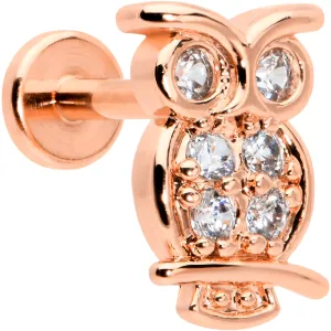 16 Gauge 1/4 Clear CZ Gem Rosy Hue Owl Internal Thread Labret Tragus