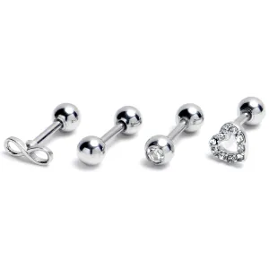 16 Gauge 1/4 Clear Gem Heart Infinity Sign Cartilage Earring Curation Set of 4